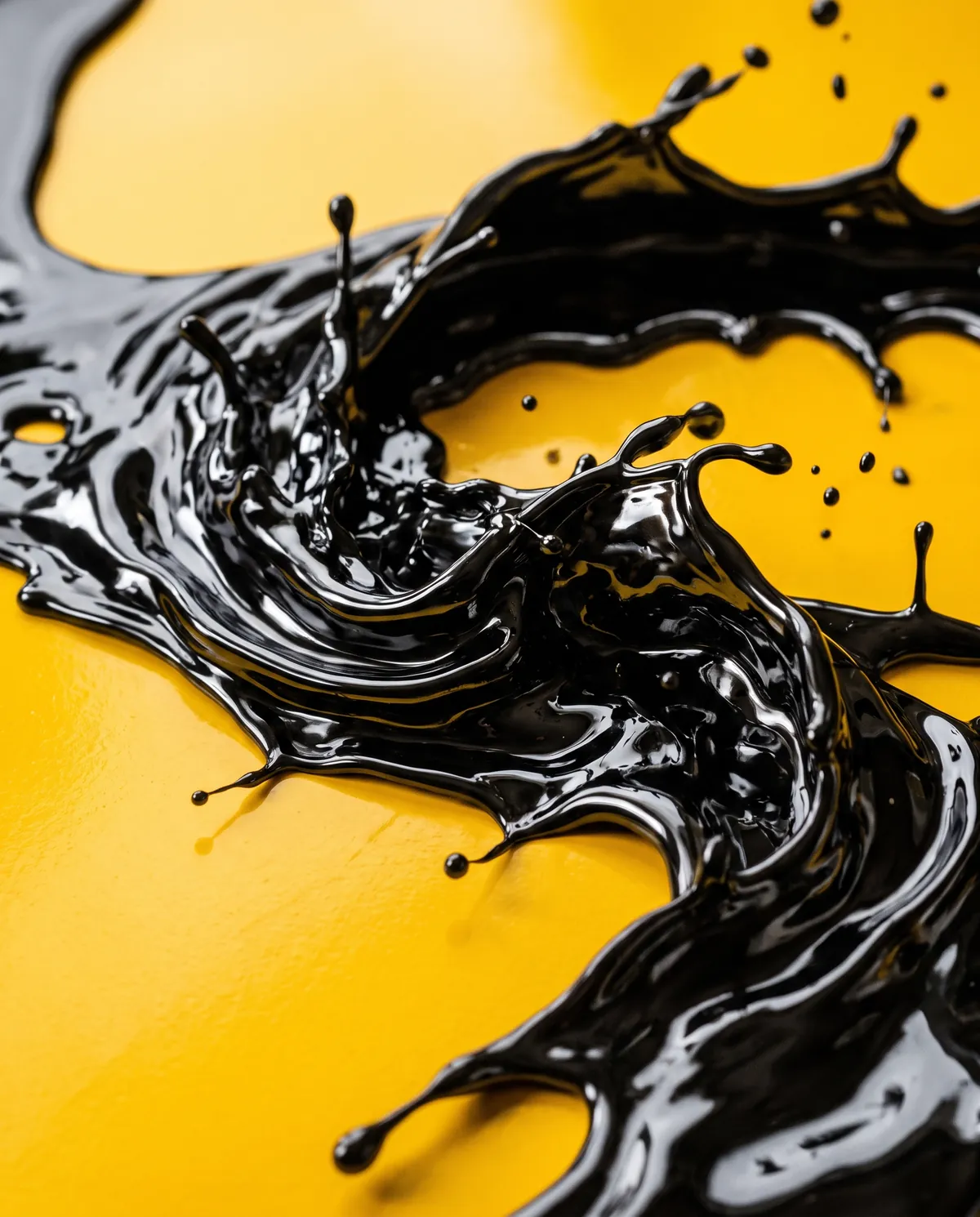 Glossy black liquid splash on NZ Marketing yellow, brand campaign art